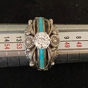 Eagle Boy Sterling Silver Turquoise Inlay Ring w/ CZ – Southwestern – Size 6